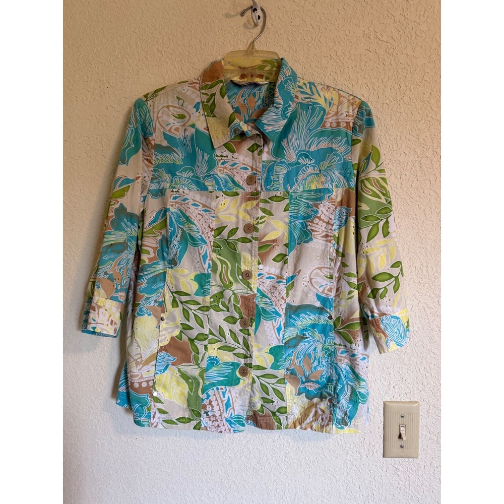 Allison Daley Floral Paisley Eyelet Button Front Shirt Jacket Turquoise Boho